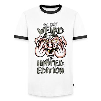 Cartoon Pig with Middle Finger - Limited Edition - Men's Ringer Shirt - white/black - Front - AI Model Female 172 light (172cm) & AI Model Male 178 dark (178cm)