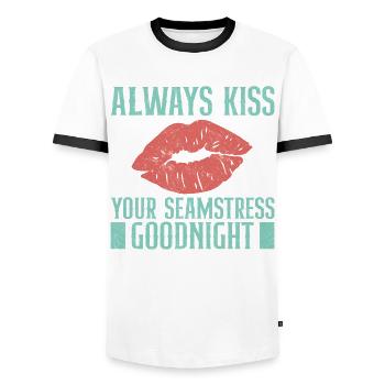 Always Kiss Your Seamstress Goodnight - Men's Ringer Shirt - white/black - Front - AI Model Female 172 light (172cm) & AI Model Male 178 dark (178cm)
