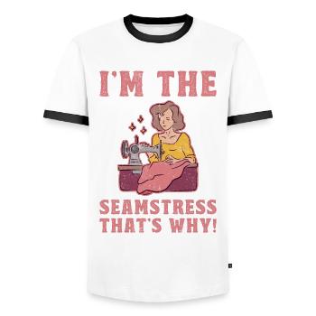 I am The Seamstress That Is Why - Men's Ringer Shirt - white/black - Front - AI Model Female 172 light (172cm) & AI Model Male 178 dark (178cm)
