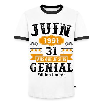 31 Ans Anniversaire Vintage Né(e) en Juin 1991 - T-shirt contrasté Homme - blanc/noir - Devant - AI Model Female 172 light (172cm) & AI Model Male 178 dark (178cm)
