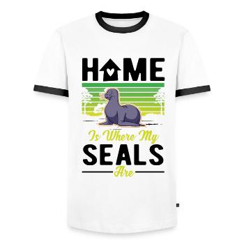 La maison est l’endroit où mes phoques sont des phoques lions de mer - T-shirt contrasté Homme - blanc/noir - Devant - AI Model Female 172 light (172cm) & AI Model Male 178 dark (178cm)