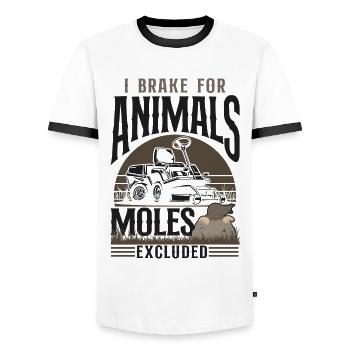 Tondeuse à gazon Mowing Papa Père - T-shirt contrasté Homme - blanc/noir - Devant - AI Model Female 172 light (172cm) & AI Model Male 178 dark (178cm)