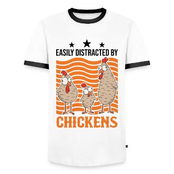 Facilement distrait par Chickens Hühner - T-shirt contrasté Homme - blanc/noir - Devant - AI Model Female 172 light (172cm) & AI Model Male 178 dark (178cm)