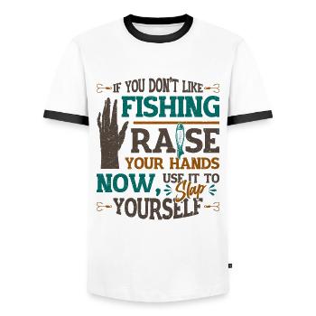 Drôle de pêche en disant Fischer - T-shirt contrasté Homme - blanc/noir - Devant - AI Model Female 172 light (172cm) & AI Model Male 178 dark (178cm)
