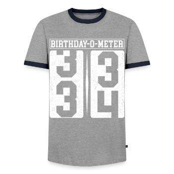 Anniversaire-O-Mètre 34 Joyeux 34ème anniversaire Célébrant - T-shirt contrasté Homme - gris/marine  - Devant - AI Model Female 172 light (172cm) & AI Model Male 178 light (178cm)