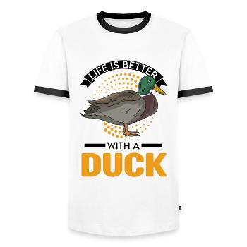 La vie est meilleure avec un éleveur de canard canard - T-shirt contrasté Homme - blanc/noir - Devant - AI Model Female 172 light (172cm) & AI Model Male 178 dark (178cm)