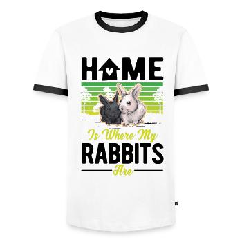 La maison est l’endroit où mes lapins sont lapins - T-shirt contrasté Homme - blanc/noir - Devant - AI Model Female 172 light (172cm) & AI Model Male 178 dark (178cm)