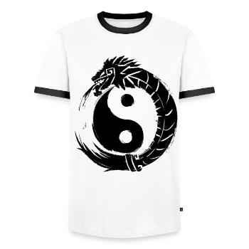 Quetzalcoatl Ying Yang Ancient Aztec Serpent - Men's Ringer Shirt - white/black - Front - AI Model Female 172 light (172cm) & AI Model Male 178 dark (178cm)