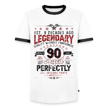 Vintage Legendary - Aged perfectly 90th birthday - Men's Ringer Shirt - white/black - Front - AI Model Female 172 light (172cm) & AI Model Male 178 dark (178cm)