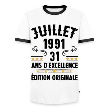 31 Ans Anniversaire Vintage Né(e) en Juillet 1991 - T-shirt contrasté Homme - blanc/noir - Devant - AI Model Female 172 light (172cm) & AI Model Male 178 dark (178cm)