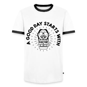 Spitz Pomeranian Zwergspitz Chien - T-shirt contrasté Homme - blanc/noir - Devant - AI Model Female 172 light (172cm) & AI Model Male 178 dark (178cm)
