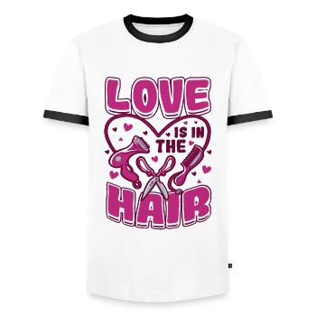 L’amour est dans les cheveux, barbier, coiffeur. - T-shirt contrasté Homme - blanc/noir - Devant - AI Model Female 172 light (172cm) & AI Model Male 178 dark (178cm)