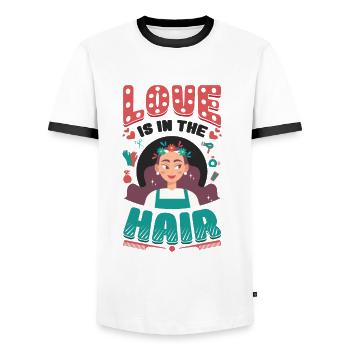 L’amour est dans les cheveux, barbier, coiffeur. - T-shirt contrasté Homme - blanc/noir - Devant - AI Model Female 172 light (172cm) & AI Model Male 178 dark (178cm)