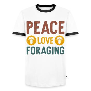 Peace Love Foraging Mycology Mushies Mushroom - Men's Ringer Shirt - white/black - Front - AI Model Female 172 light (172cm) & AI Model Male 178 dark (178cm)