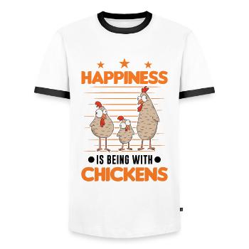 Le bonheur, c’est d’être avec Chickens Hühner - T-shirt contrasté Homme - blanc/noir - Devant - AI Model Female 172 light (172cm) & AI Model Male 178 dark (178cm)