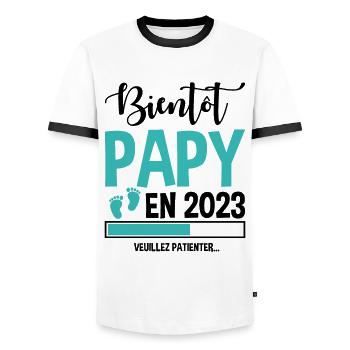 Bientôt Papy En 2023 Idée Cadeau Annonce Grossesse - T-shirt contrasté Homme - blanc/noir - Devant - AI Model Female 172 light (172cm) & AI Model Male 178 dark (178cm)