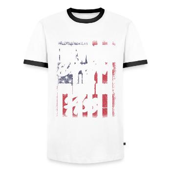 Drôle de feu d’artifice pyrotechnicien disant - T-shirt contrasté Homme - blanc/noir - Devant - AI Model Female 172 light (172cm) & AI Model Male 178 dark (178cm)