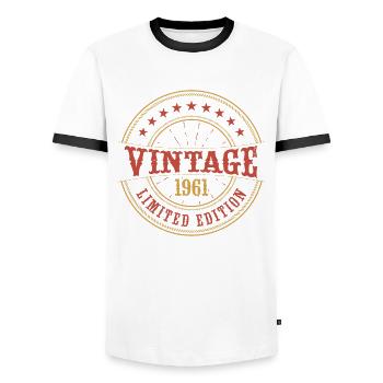 Vintage 1961 Vintage Anniversary Gift Idea 1961 - Men's Ringer Shirt - white/black - Front - AI Model Female 172 light (172cm) & AI Model Male 178 dark (178cm)