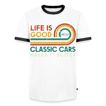 Life is good. Classic cars do it - Men's Ringer Shirt - white/black - Front - AI Model Female 172 light (172cm) & AI Model Male 178 dark (178cm)