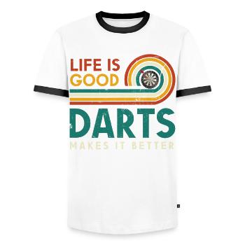 Life Is Good Darts Makes It A Better One - Men's Ringer Shirt - white/black - Front - AI Model Female 172 light (172cm) & AI Model Male 178 dark (178cm)