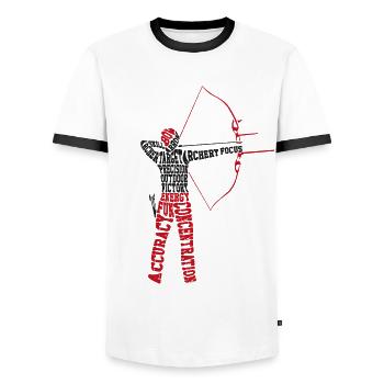 Archery Bow Archer Word Cloud - Men's Ringer Shirt - white/black - Front - AI Model Female 172 light (172cm) & AI Model Male 178 dark (178cm)