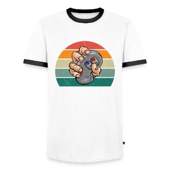 Gamblers Game Game Computer PC Console Gamer - Men's Ringer Shirt - white/black - Front - AI Model Female 172 light (172cm) & AI Model Male 178 dark (178cm)