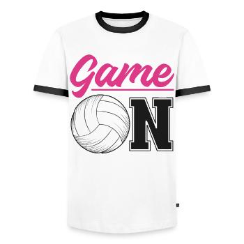 Volleyball Player Team Game On - Men's Ringer Shirt - white/black - Front - AI Model Female 172 light (172cm) & AI Model Male 178 dark (178cm)