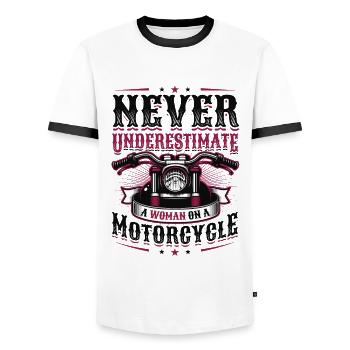 Unterschätzen Sie nie eine Frau auf einem Motorrad - Männer Kontrast-T-Shirt - Weiß/Schwarz - Vorne - AI Model Female 172 light (172cm) & AI Model Male 178 dark (178cm)