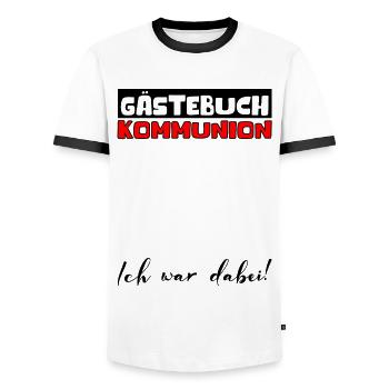 Gästebuch Kommunion Mädchen Jungen Erstkommunion - Männer Kontrast-T-Shirt - Weiß/Schwarz - Vorne - AI Model Female 172 light (172cm) & AI Model Male 178 dark (178cm)