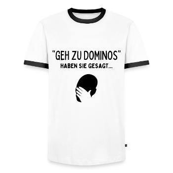 Geh zu Dominos haben sie gesagt... Facepalm Meme - Männer Kontrast-T-Shirt - Weiß/Schwarz - Vorne - AI Model Female 172 light (172cm) & AI Model Male 178 dark (178cm)