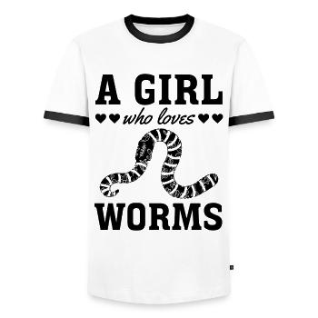 Nice worm girl worm lover I A girl, - Men's Ringer Shirt - white/black - Front - AI Model Female 172 light (172cm) & AI Model Male 178 dark (178cm)