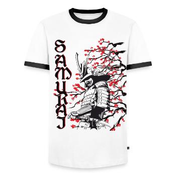 Samurai mit Kirschblüten - Männer Kontrast-T-Shirt - Weiß/Schwarz - Vorne - AI Model Female 172 light (172cm) & AI Model Male 178 dark (178cm)