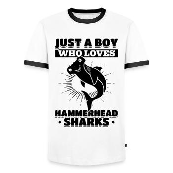 Nur ein Junge, der Hammerhaie liebt - Männer Kontrast-T-Shirt - Weiß/Schwarz - Vorne - AI Model Female 172 light (172cm) & AI Model Male 178 dark (178cm)