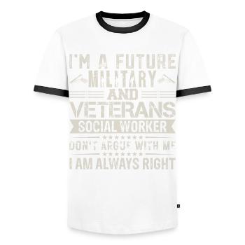 Je suis un futur travailleur militaire et vétéran - T-shirt contrasté Homme - blanc/noir - Devant - AI Model Female 172 light (172cm) & AI Model Male 178 dark (178cm)