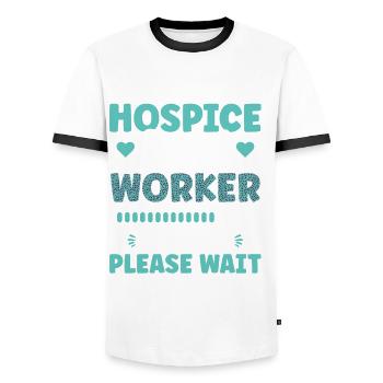 Travailleur en soins palliatifs et en soins palliatifs en cours - T-shirt contrasté Homme - blanc/noir - Devant - AI Model Female 172 light (172cm) & AI Model Male 178 dark (178cm)