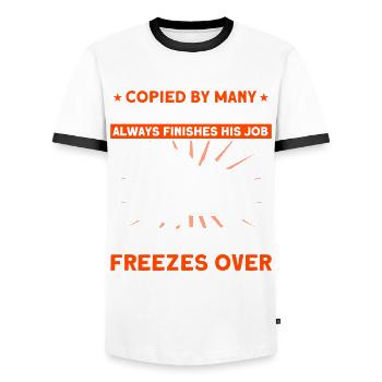 Always brings his work to the end of hell frozen - Men's Ringer Shirt - white/black - Front - AI Model Female 172 light (172cm) & AI Model Male 178 dark (178cm)