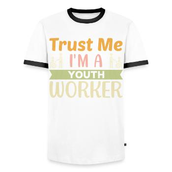 Croyez-moi, je suis un travailleur auprès des jeunes - T-shirt contrasté Homme - blanc/noir - Devant - AI Model Female 172 light (172cm) & AI Model Male 178 dark (178cm)