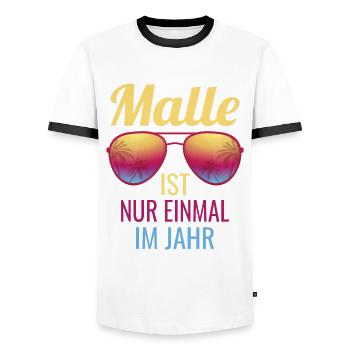 Malle ist nur einmal im Jahr Mallorca Party Saufen - Männer Kontrast-T-Shirt - Weiß/Schwarz - Vorne - AI Model Female 172 light (172cm) & AI Model Male 178 dark (178cm)