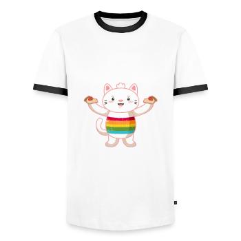 I Just Want To Eat Cheesecake And Pet My Cat Kitty - Men's Ringer Shirt - white/black - Front - AI Model Female 172 light (172cm) & AI Model Male 178 dark (178cm)