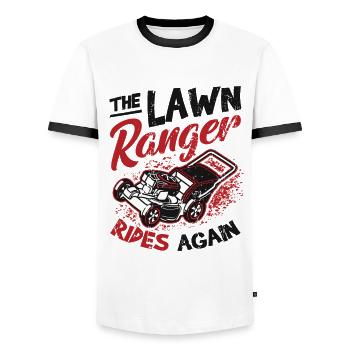 The Lawn Ranger Rides Again Lawn Care Lawn Mower - Men's Ringer Shirt - white/black - Front - AI Model Female 172 light (172cm) & AI Model Male 178 dark (178cm)