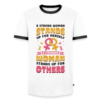 Strong women stand up. - Men's Ringer Shirt - white/black - Front - AI Model Female 172 light (172cm) & AI Model Male 178 dark (178cm)