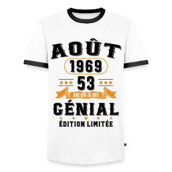 53 Ans Anniversaire Vintage Né(e) en Août 1969 - T-shirt contrasté Homme - blanc/noir - Devant - AI Model Female 172 light (172cm) & AI Model Male 178 dark (178cm)