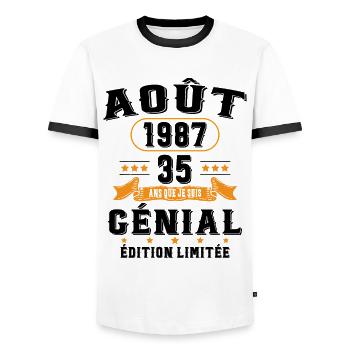 35 Ans Anniversaire Vintage Né(e) en Août 1987 - T-shirt contrasté Homme - blanc/noir - Devant - AI Model Female 172 light (172cm) & AI Model Male 178 dark (178cm)