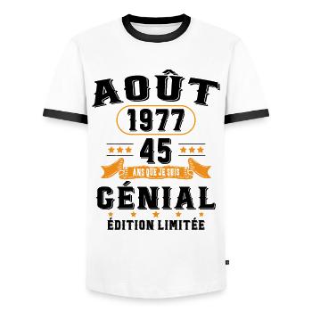 45 Ans Anniversaire Vintage Né(e) en Août 1977 - T-shirt contrasté Homme - blanc/noir - Devant - AI Model Female 172 light (172cm) & AI Model Male 178 dark (178cm)