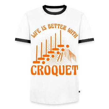 Life is better with Croquet - Men's Ringer Shirt - white/black - Front - AI Model Female 172 light (172cm) & AI Model Male 178 dark (178cm)