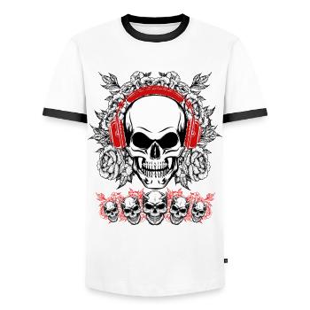 Human Skull listening to Music with Flowers - Men's Ringer Shirt - white/black - Front - AI Model Female 172 light (172cm) & AI Model Male 178 dark (178cm)