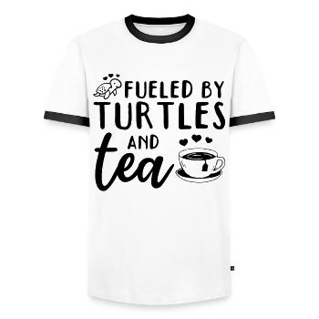 Powered by turtles and - Men's Ringer Shirt - white/black - Front - AI Model Female 172 light (172cm) & AI Model Male 178 dark (178cm)
