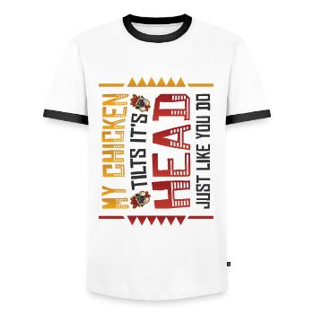 Mon poulet incline sa tête comme vous le faites. - T-shirt contrasté Homme - blanc/noir - Devant - AI Model Female 172 light (172cm) & AI Model Male 178 dark (178cm)
