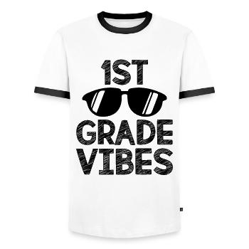 The Vibrations Of The 1st Year - Men's Ringer Shirt - white/black - Front - AI Model Female 172 light (172cm) & AI Model Male 178 dark (178cm)