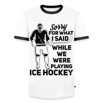 Sorry for what I said as - Men's Ringer Shirt - white/black - Front - AI Model Female 172 light (172cm) & AI Model Male 178 dark (178cm)